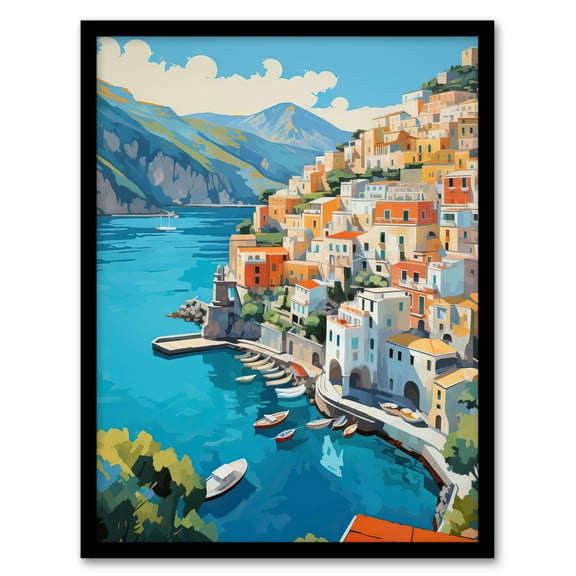 Amalfi Coast Artwork Blue Orange Green Italy Coastal Village Landscape Art Print Framed Poster Wall Decor 12x16 inch