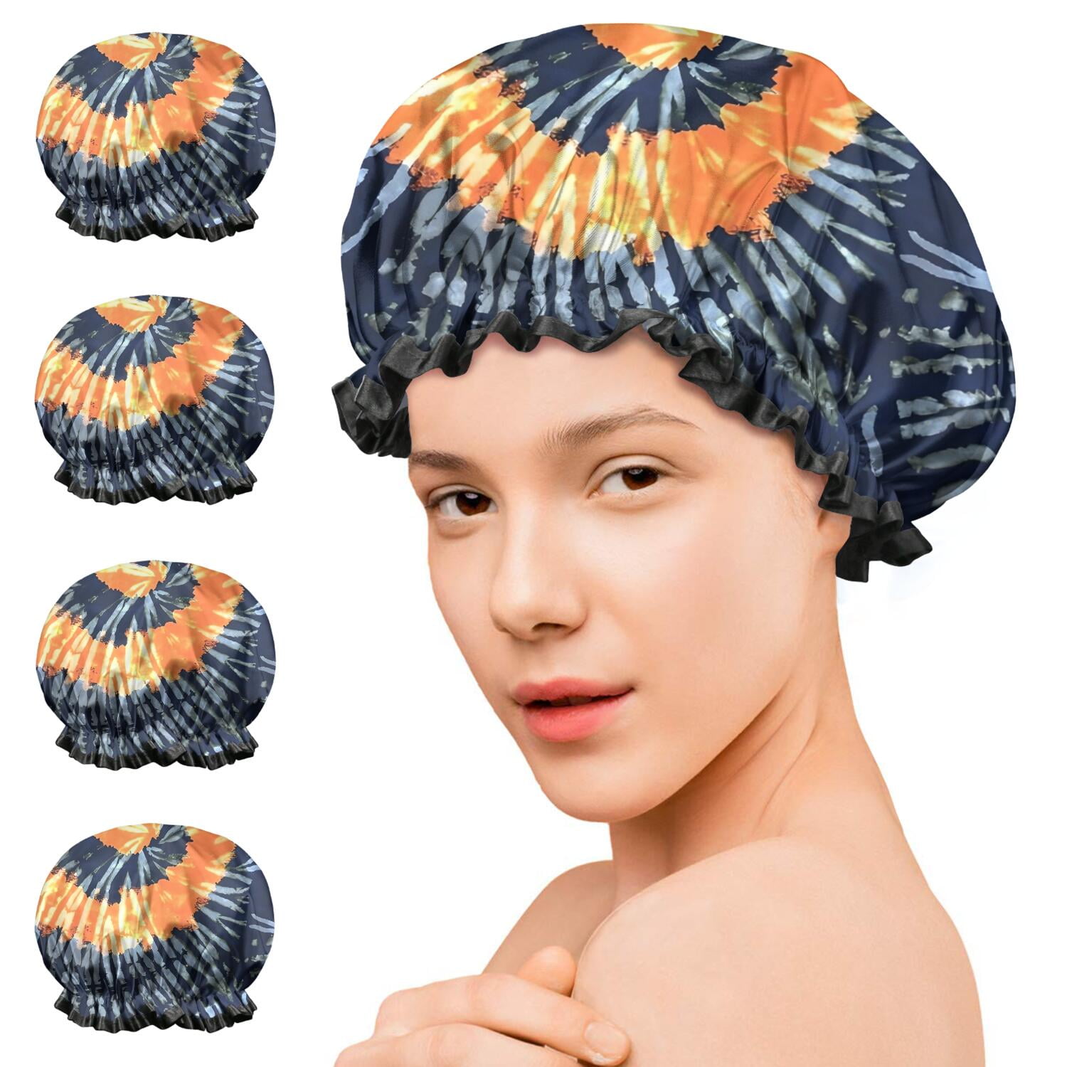 Shower Caps,Colorful Tie Dye Pattern Waterproof Shower Cap for Women 4 Pieces,Double Reusable Hair Cover for Shower PEVA Elastic Stretch Hem