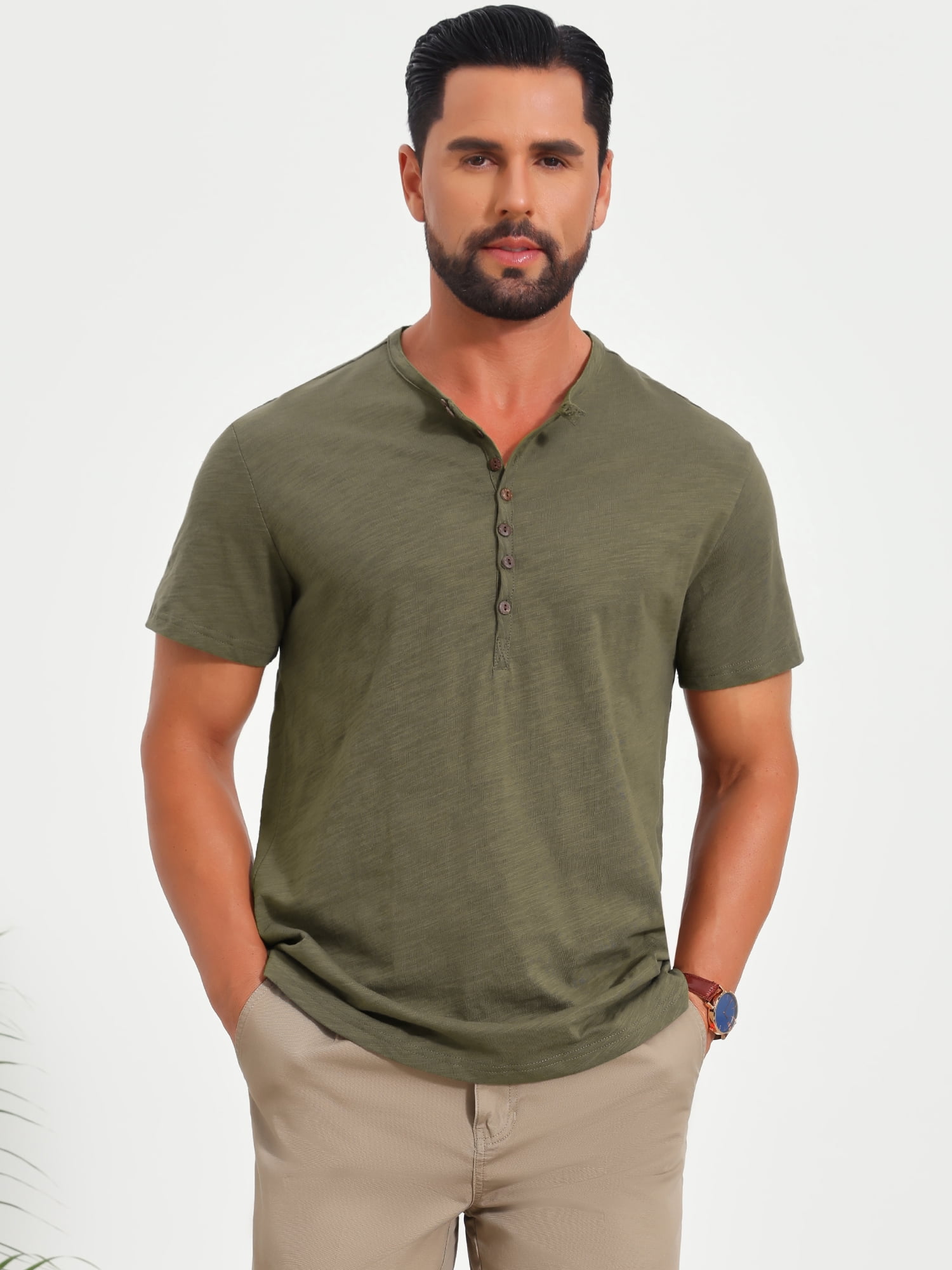 DARING DIVA Men's Retro Henley Texture Button Down Short Sleeve T-Shirt XL Olive Green