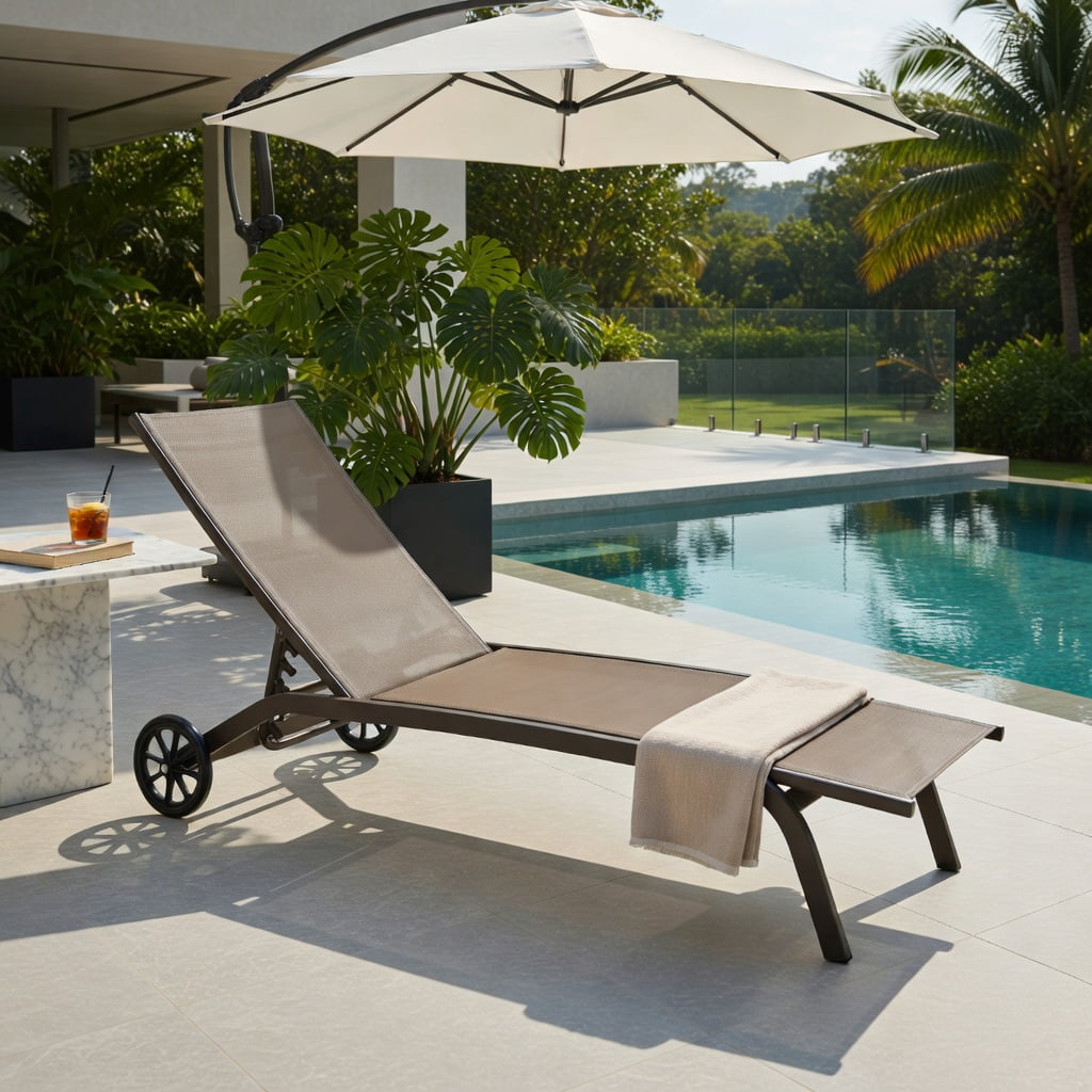 Hommoo 6-Position Adjustable Outdoor Chaise Lounge Chair with Smooth-Rolling Wheels, for Patio, Poolside & Backyard, Brown