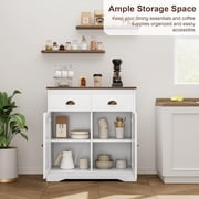 NEILA Farmhouse White Buffet with Storage, Kitchen Sideboard with 2 Doors and 2 Drawers, Wooden Coffee Bar Cabinet with Shelves for Dining Room, Living Room