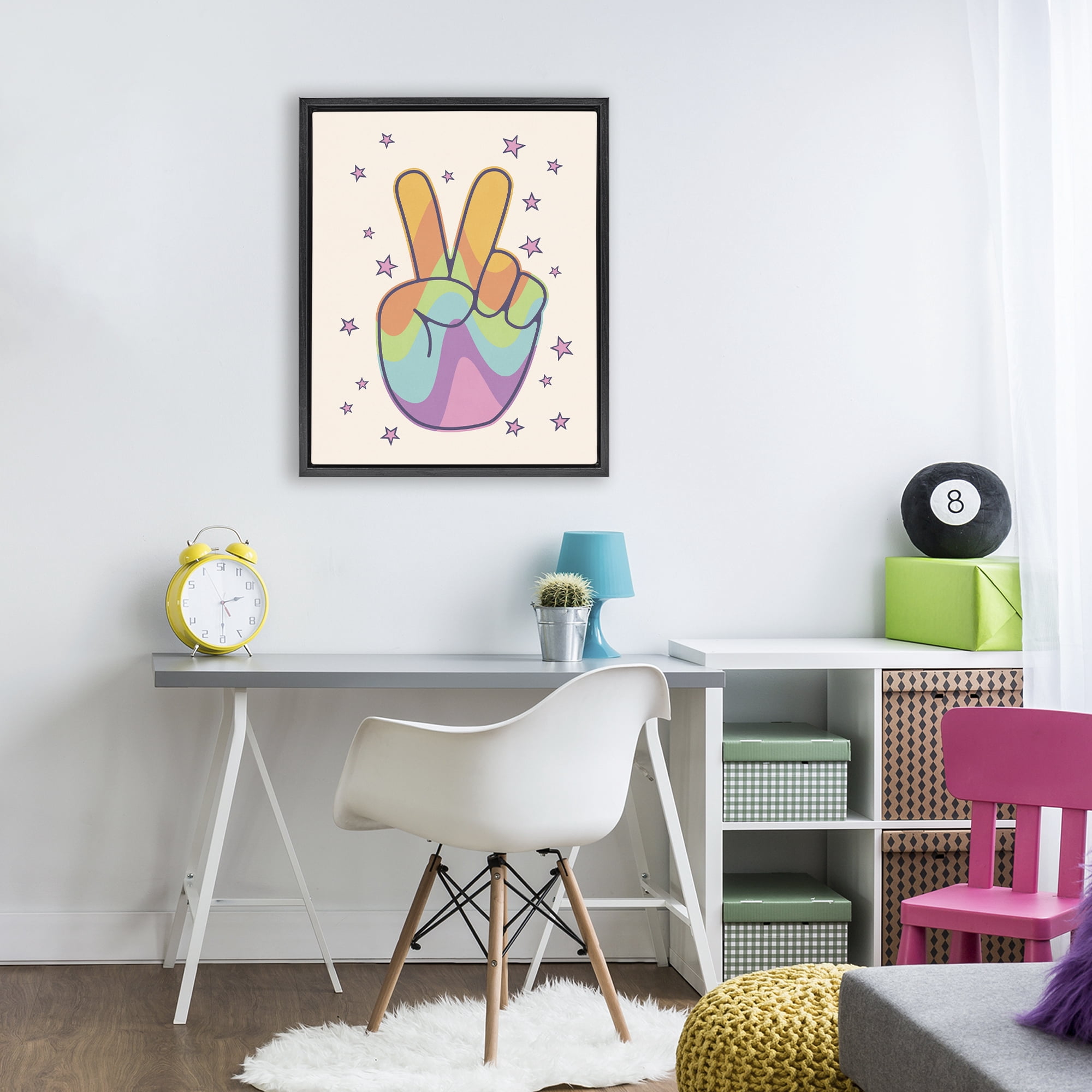 Stupell Industries Peace Sign Retro Rainbow Black Framed Floater Canvas Wall Art, design by LSR Design Studio