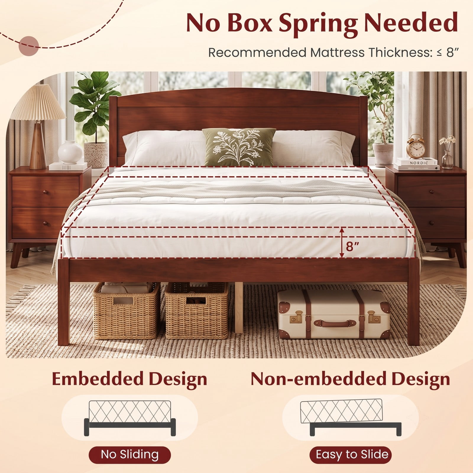 Furnibear Full Size Bed Frame with Curved Arched Headboard, Wood Platform Bed Frame with 8 Slats for Bedroom and Guest Room, Walnut