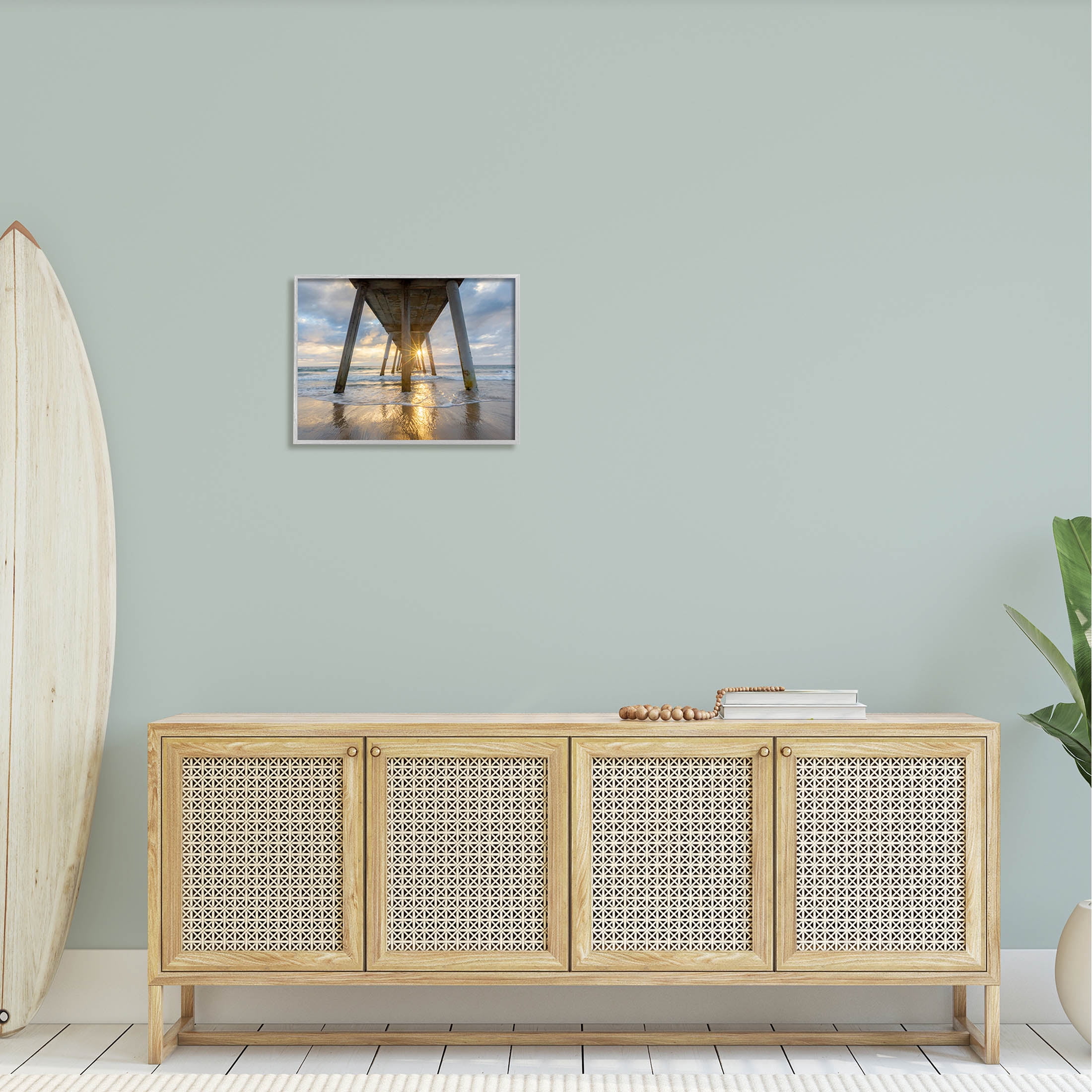 Looming Pier Beach Waves Coastal Photograph Gray Framed Art Print Wall Art