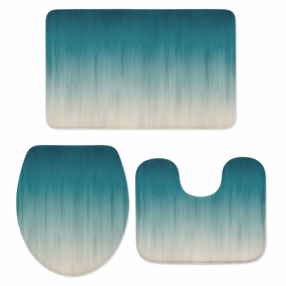 Teal Blue Ombre Bathroom Rugs Set Contemporary Gradient Abstract Non Slip Absorbent Soft Bath Mats 3 Piece Set with Bathroom Rug, U-Shaped Floor Mat, Toilet Seat Cover Large Size