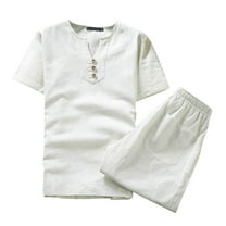 Miluxas Plus Size Pants ,Mens Cotton Linen Set Solid Color Short-Sleeved T-Shirt Large Size Casual Set White XL(XL)
