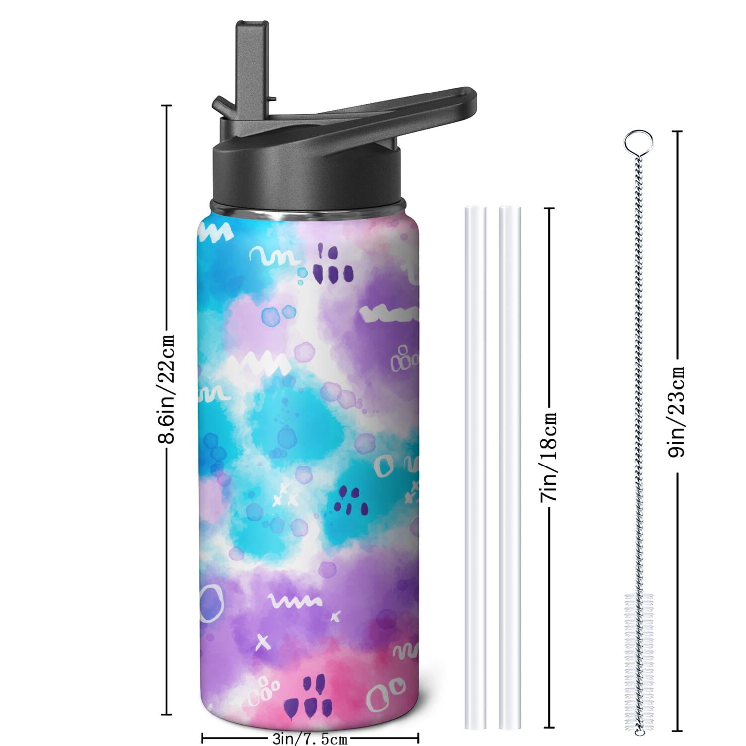 18oz Insulated Water Bottle with Straw & Cleaning Brush, Wide Mouth Stainless Steel Flask, Watercolor Splatter Painting Print
