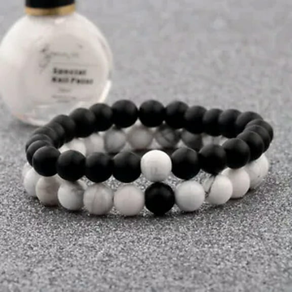HOOUN Couple His & Hers Distance Healing Bracelets Black Lava Bead Matching YinYang-White