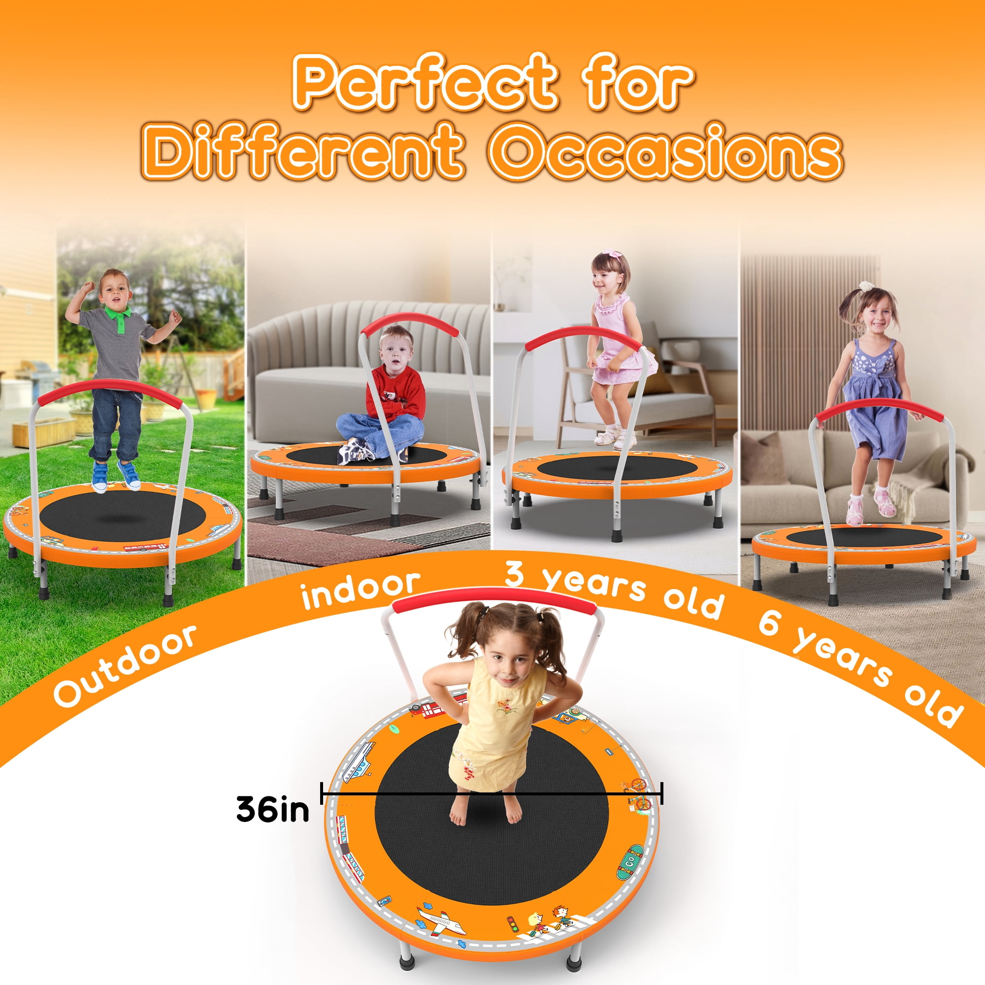 Mersco 36" Kids Trampoline for Toddlers,Indoor & Outdor Trampoline with Handle for 2+ Years Kids,Baby Toys Gifts for Boys Girls, Birthday, Orange