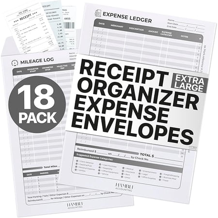 Extra Large Receipt Envelope & Receipts Organizer (Pack of 18) - Efficiently Manage Business Expenses & Log Mileage Trips - 12.8" × 9.0" Inches, Gray Color- Business Ledger for Small Business