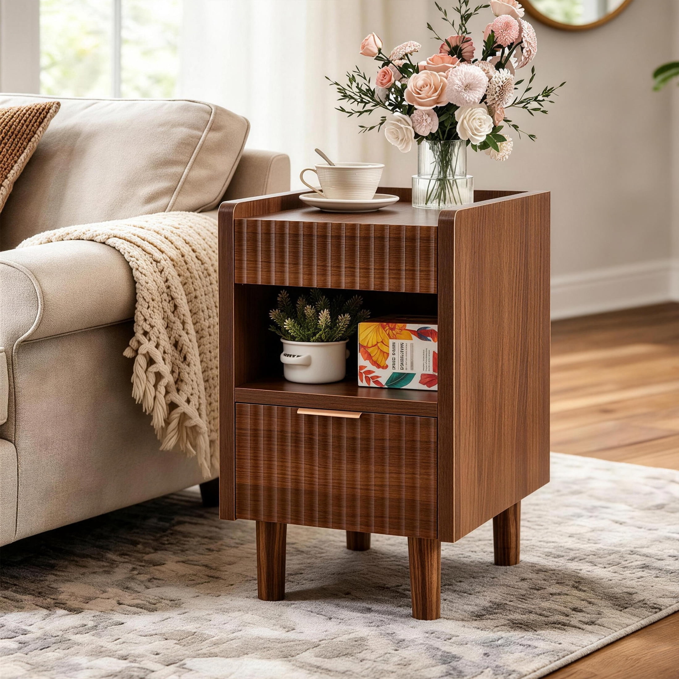 Noble House Fluted Wood Nightstand Set of 2, Bedside Tables with Drawer and Open Shelf, Walnut