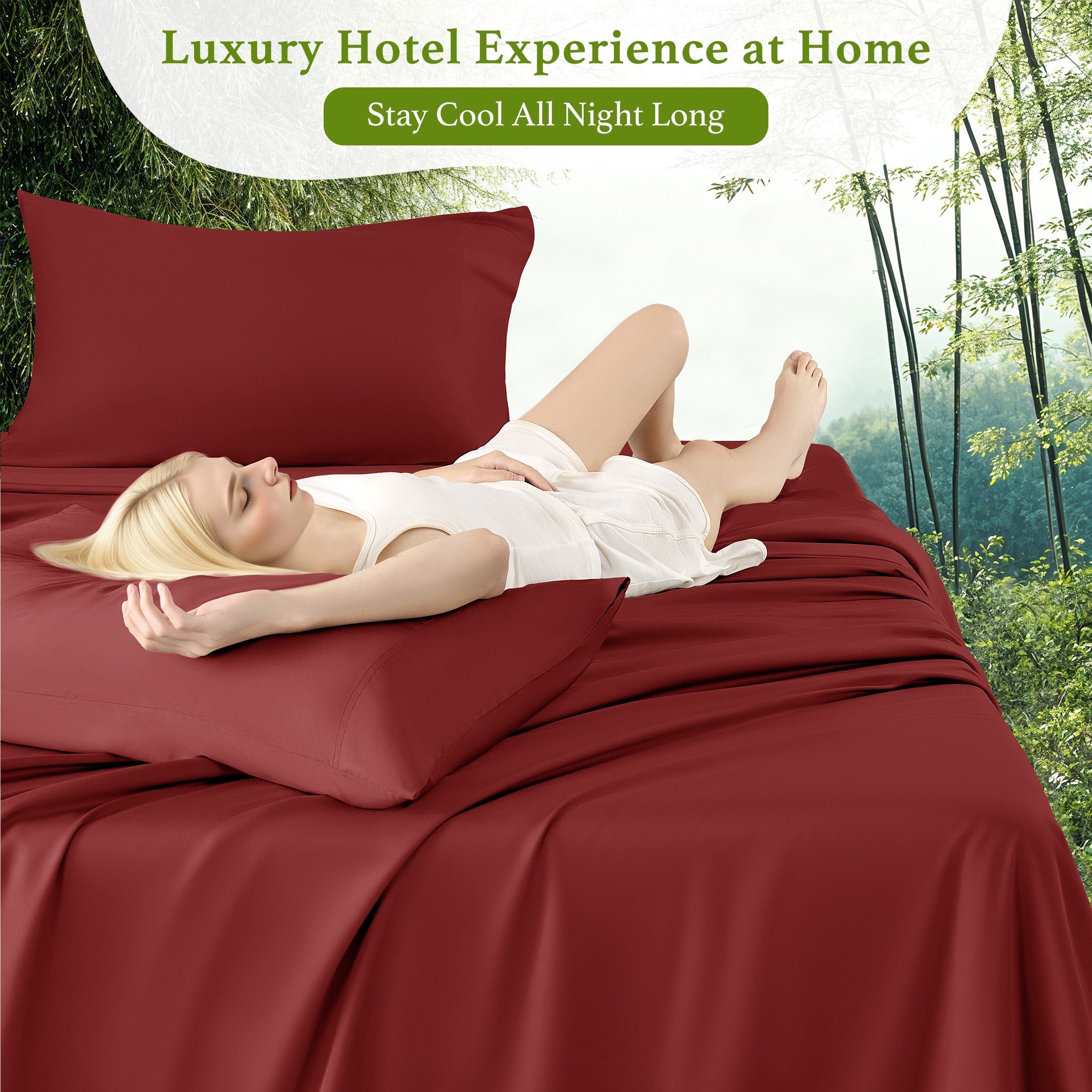 Baauye Cozy Bamboo Sheets Set, 4-Piece Queen Sheet Set with 16" Deep Pockets, Soft and Breathable Bed Sheets, Burgundy