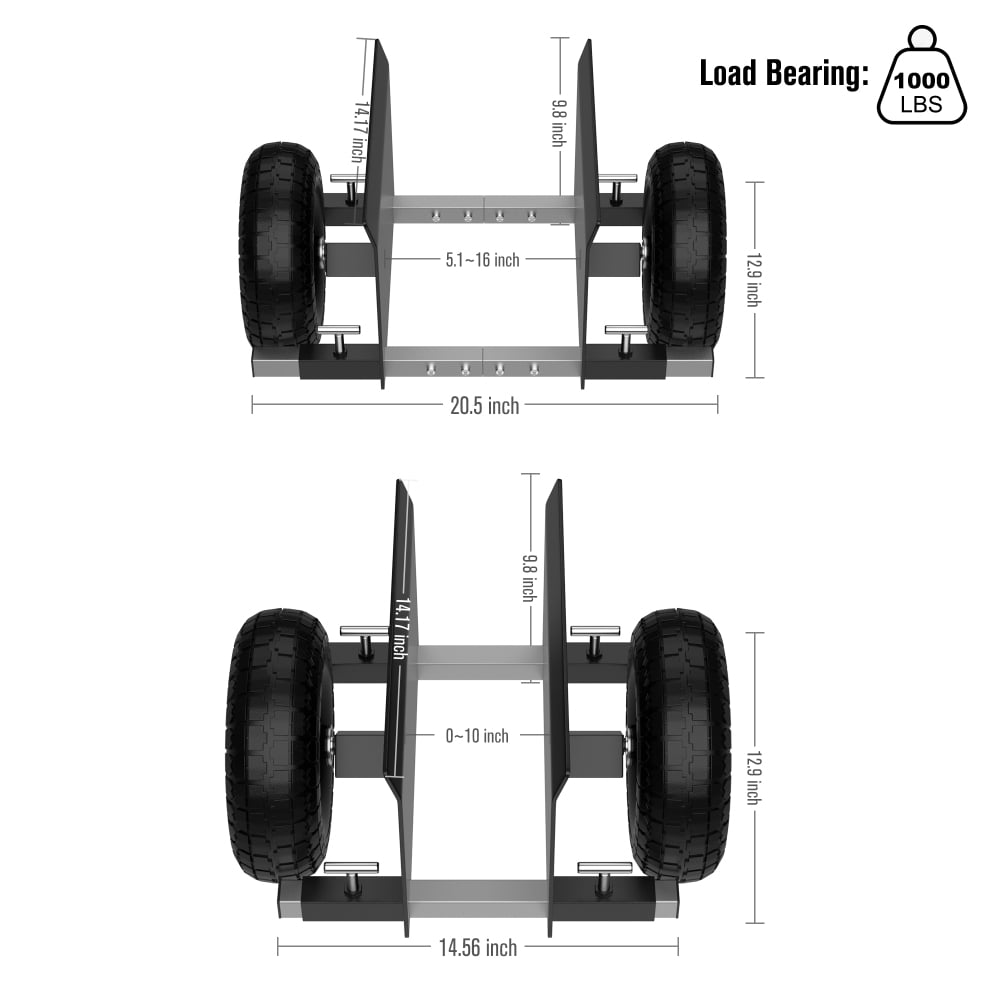 Holaki Dolly Cart with 10" Solid Rubber Tires – Adjustable Panel Dolly, 1000 lb Capacity, Heavy Duty, All Terrain Moving Cart – Black