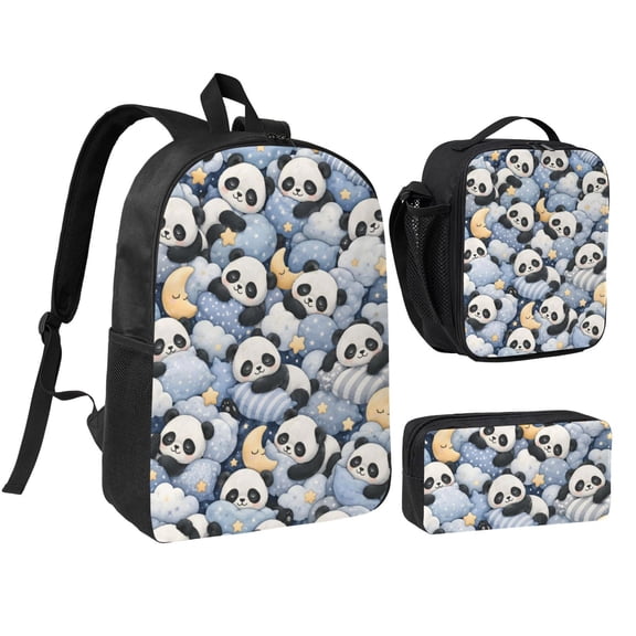 Cute Sleepy Panda Backpack Set 3pc Including Backpack, Lunch Bag and Pen Bag Combination