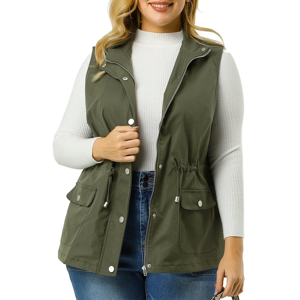 Agnes Orinda Agnes Orinda Women's Plus Size Cargo Pocket Drawstring Waist Jacket Vest