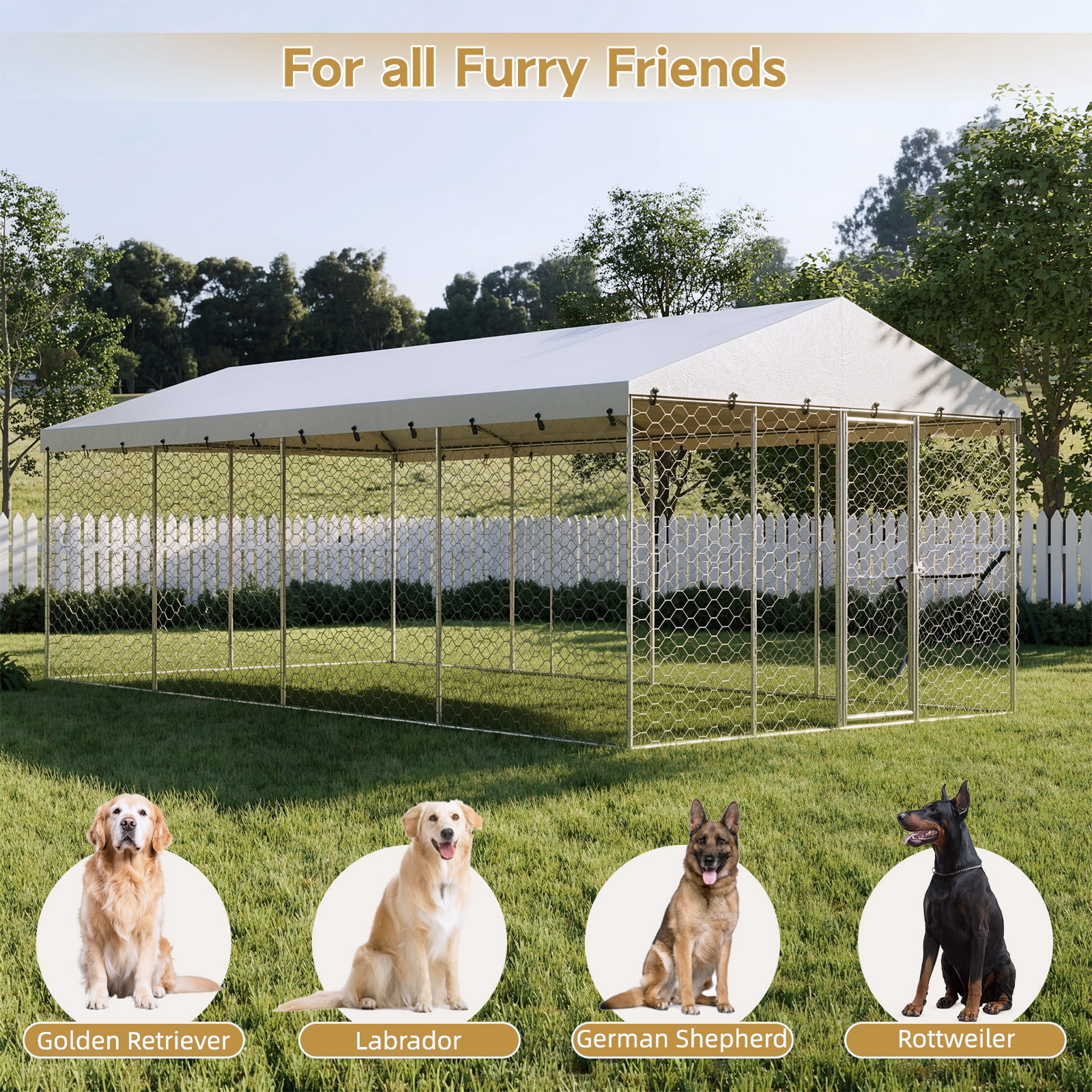 20x10 FT Large Outdoor Dog Kennel with Canopy,Heavy Duty Galvanized Steel,Waterproof Cover,Escape-Proof Lockable Playpen for Large Dogs & Multiple Pets