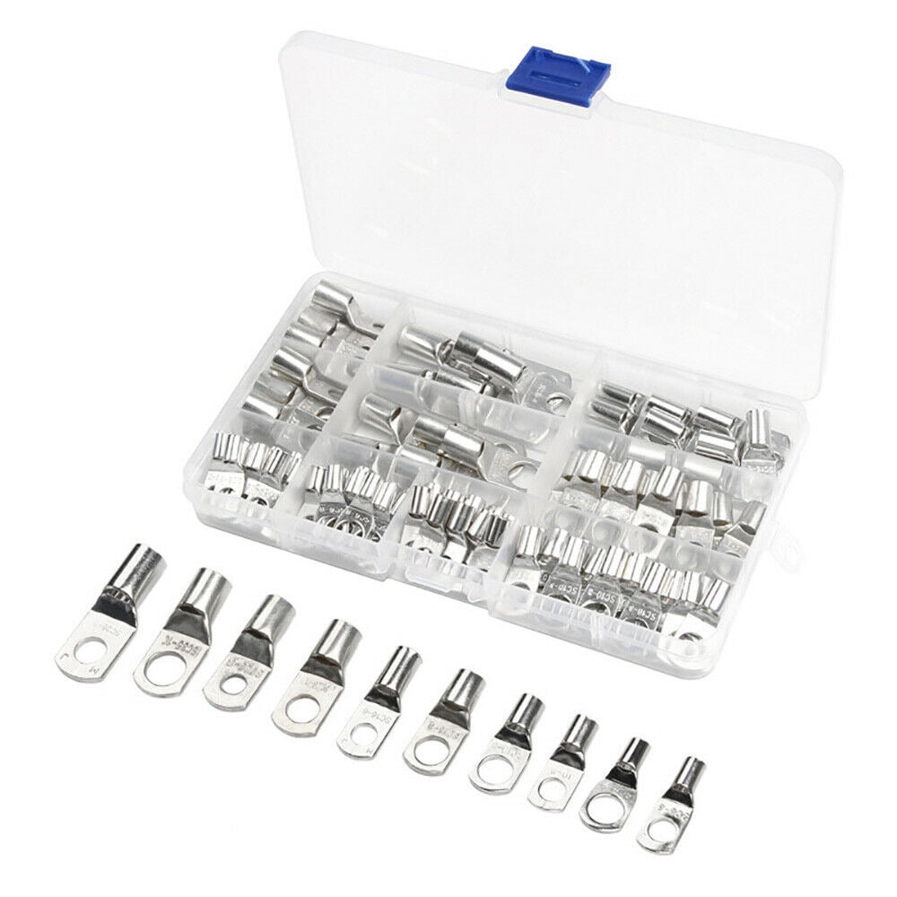 100Pcs Tin-Plated Copper Terminals Battery Cable Ends Lugs Ring Connectors Kit