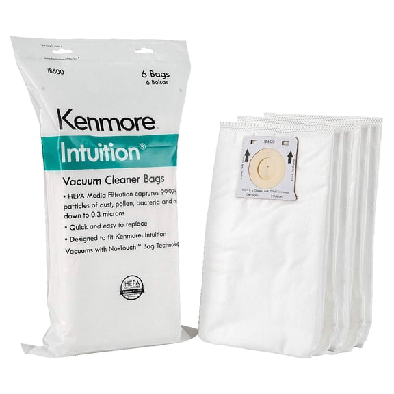 Kenmore Intuition® Vacuum Cleaner Bags, for Intuitions BU4020, BU3040, BU4018, BU4019, BU4021, BU4022, and BU4050, No Touch Bag Technology, HEPA Filtration, 3.2L Capacity, 6-Pack, White