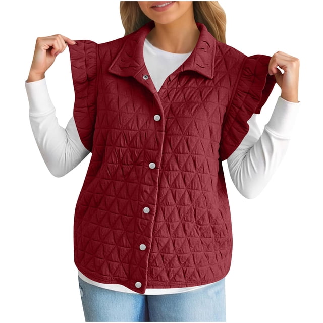 Diufon Womens Ruffle Vest Sleeveless Padded Button Down Lapel Jacket Lightweight Fall Winter Warm Outerwear