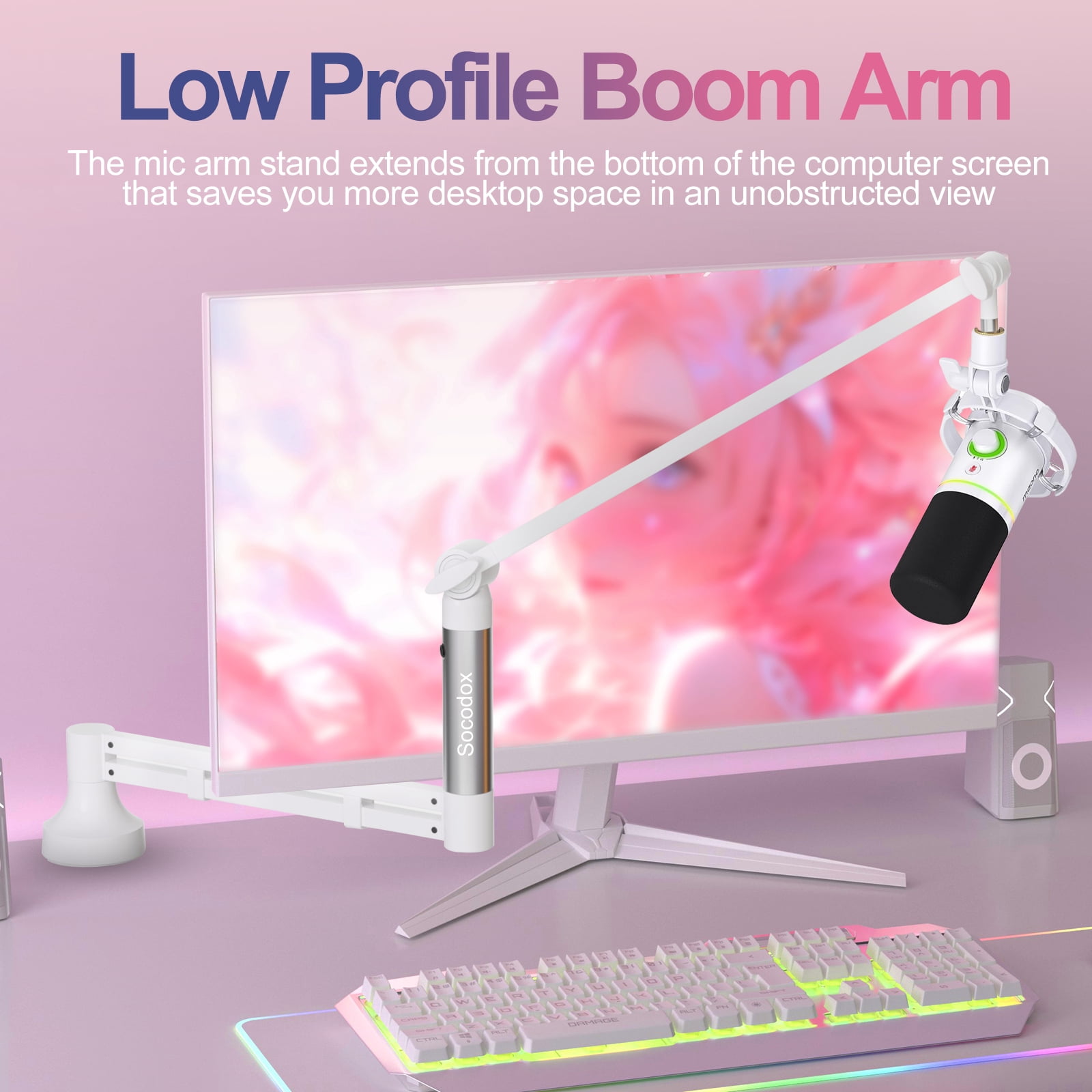 Socodox Low Profile Mic Arm,Upgraded Microphone Boom Arm Stand with 7cm Desk Mount Clamp and 3/8" & 5/8" Adapter for Blue Yeti,Podcasting,Gaming,White