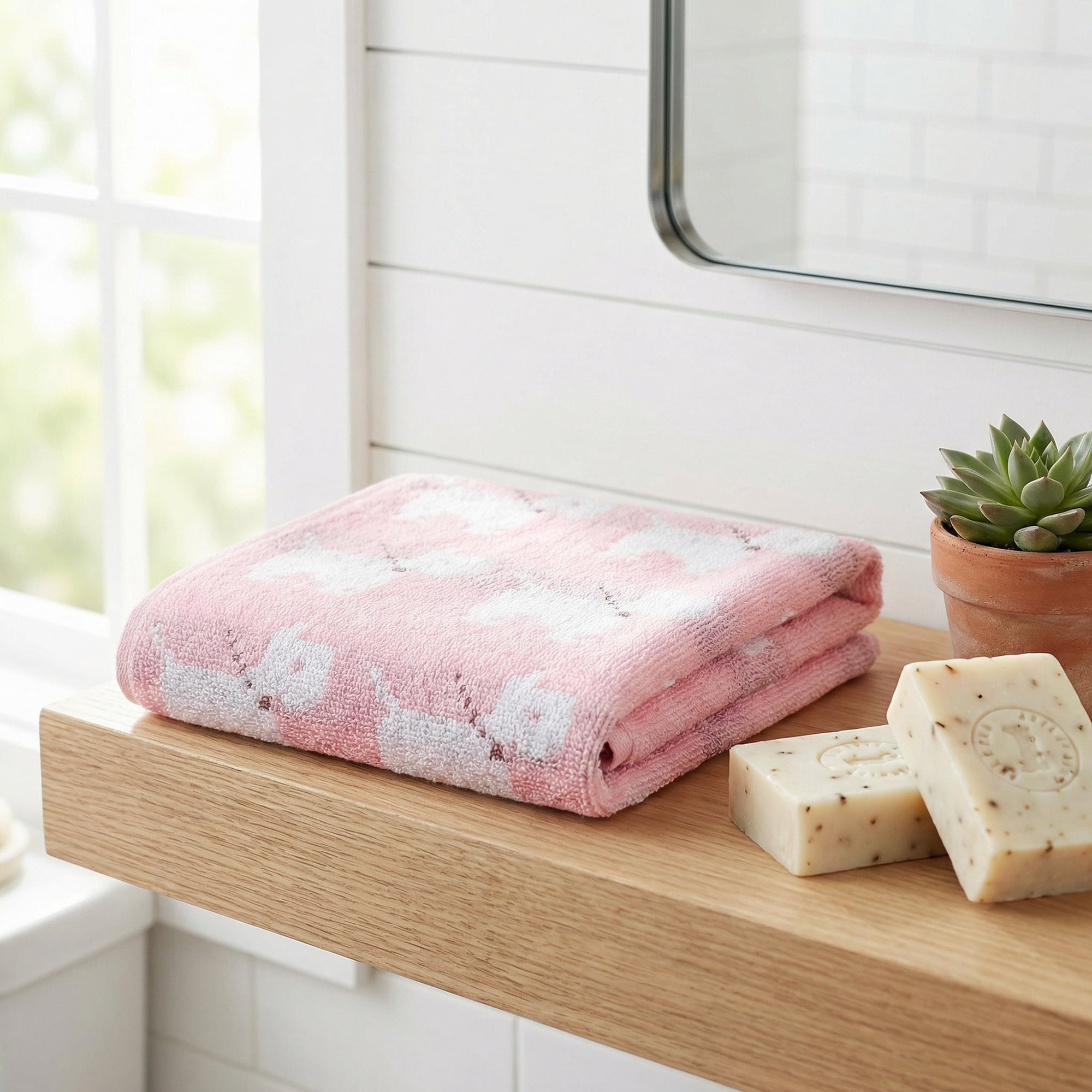 Unique Bargains Animal Pattern Cotton Jacquard Absorbent Hand Towel Pink 29" x 13"