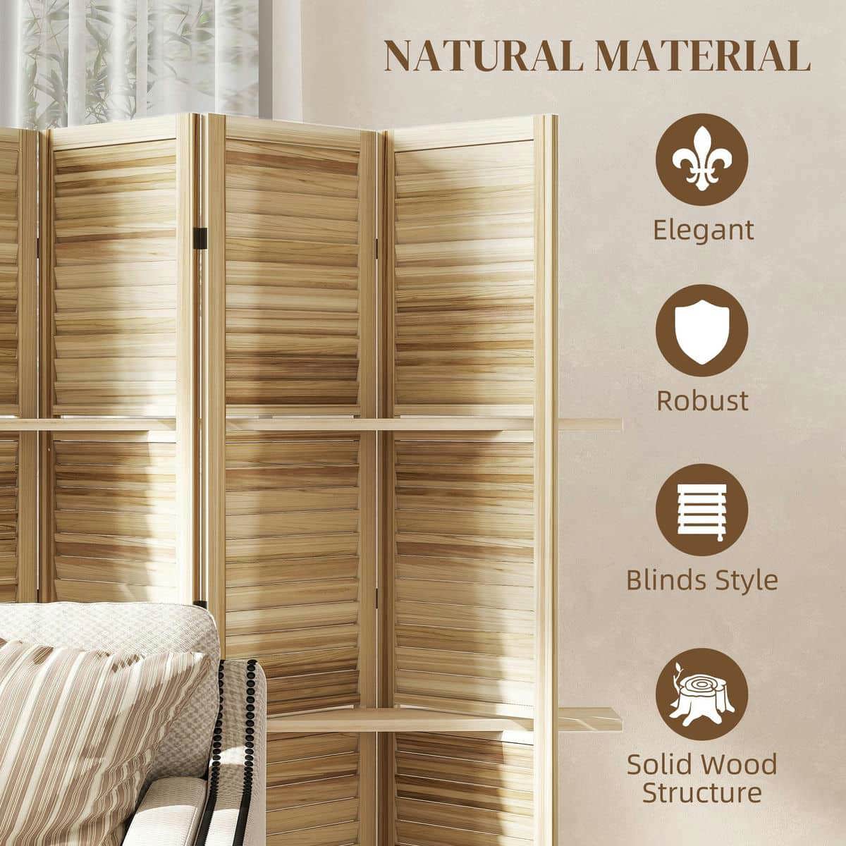 Yardi Yarda 5 Panel 67" Tall Wood Privacy Screen, Privacy Screen with 3 Shelves and Folding Storage, Room Divider for Indoor, Natural