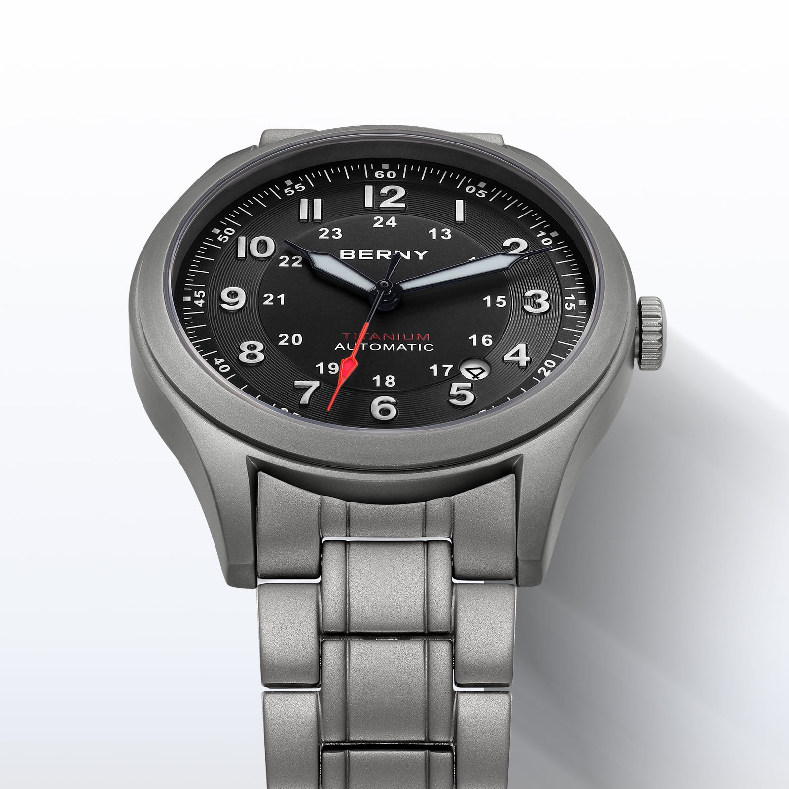 BERNY Automatic Watches for Men Military Sport Titanium Field Watch with Date Sapphire Crystal Luminous Fashion Analog Mechanical Watch 100M Waterproof Army Tactical Casual Wristwatch (Black)