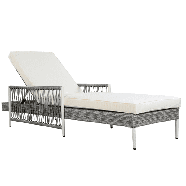 Minimalist Patio Wicker Lounge Chair, Outdoor All-Weather PE Rattan Chaise Lounge with 6 Gear Adjustable Recliner, Arms and Cushion for Poolside, Deck, Grey
