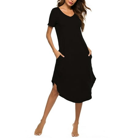 

Capreze Sleepdress for Women Short Sleeve Loungewear Nightshirts V Neck Loose Nightgowns Casual Dailywear Pajama Dress with Pockets