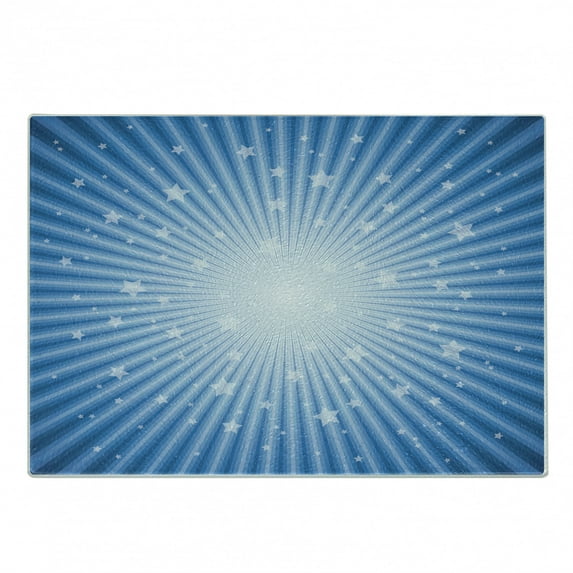 Vintage Blue Cutting Board, Concentric Stripes with Stars Retro Style Sunburst Effect Abstract Design, Decorative Tempered Glass Cutting and Serving Board, Small Size, Blue and White, by Ambesonne