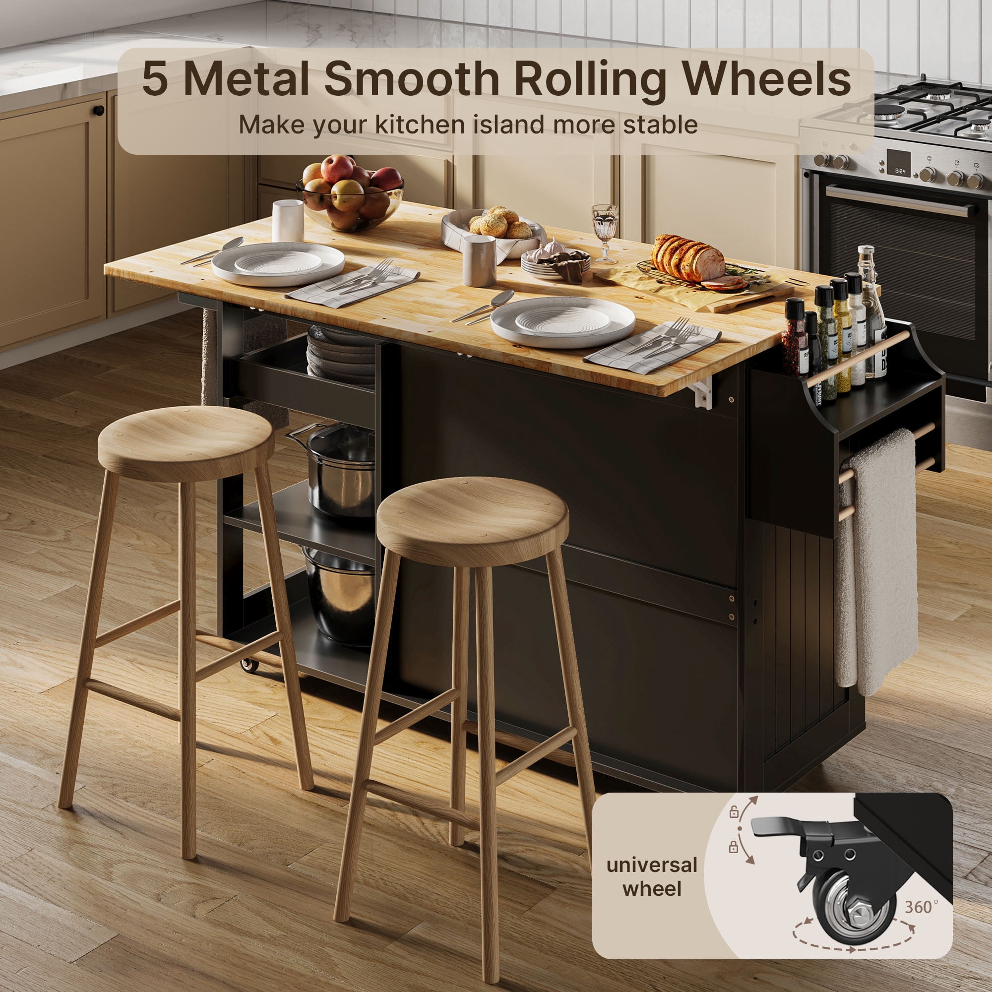 Kitchen Island with Storage, Lofka 41.7” Kitchen Island Cart with Drop Leaf, 1 Removable Tray, 2 Shelves, 1 Cabinet, Black