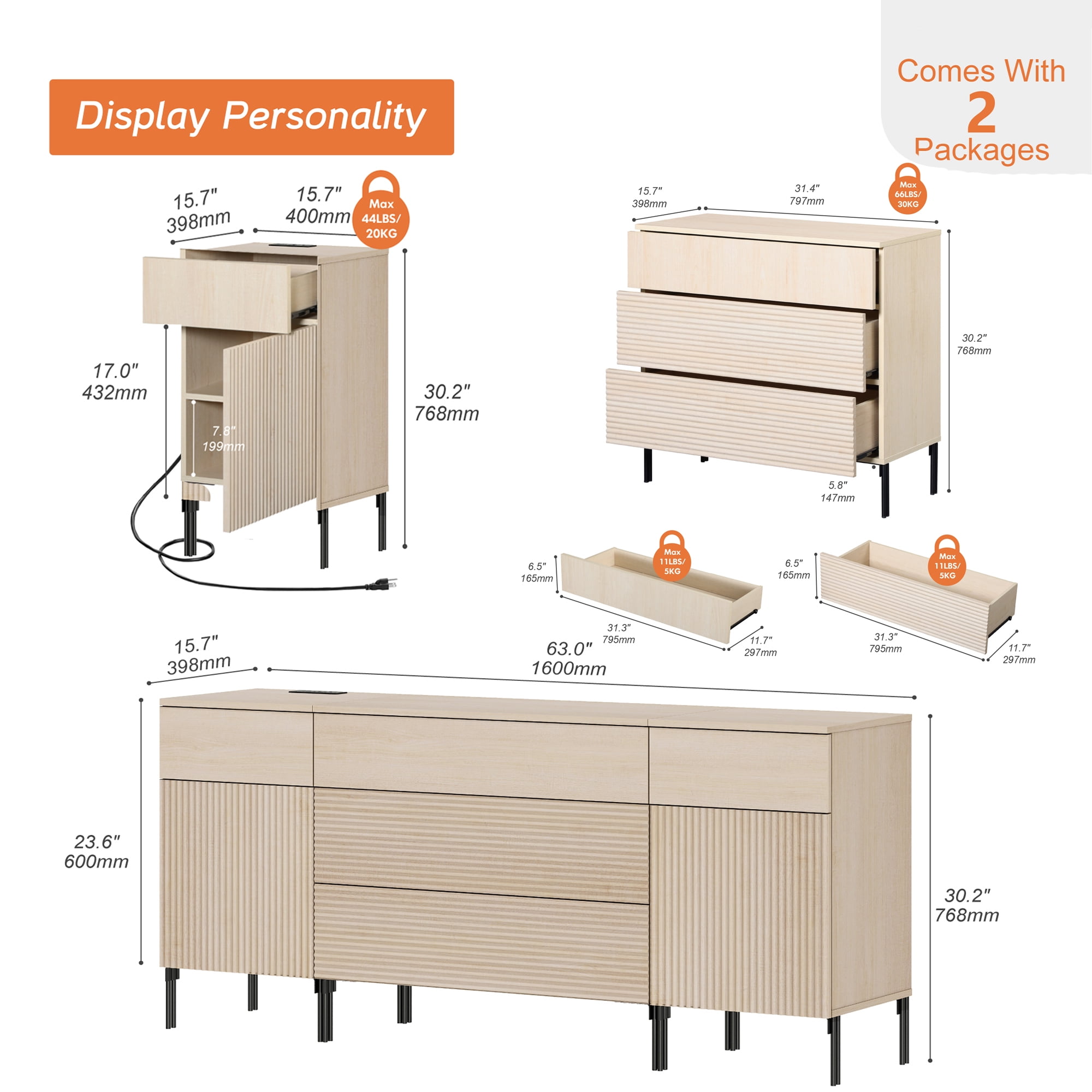 63" Wooden Reeded Sideboard with Built-in Charging Station, 3-In-1 Modern Credenza Storage Cabinet for Kitchen, Dining Room