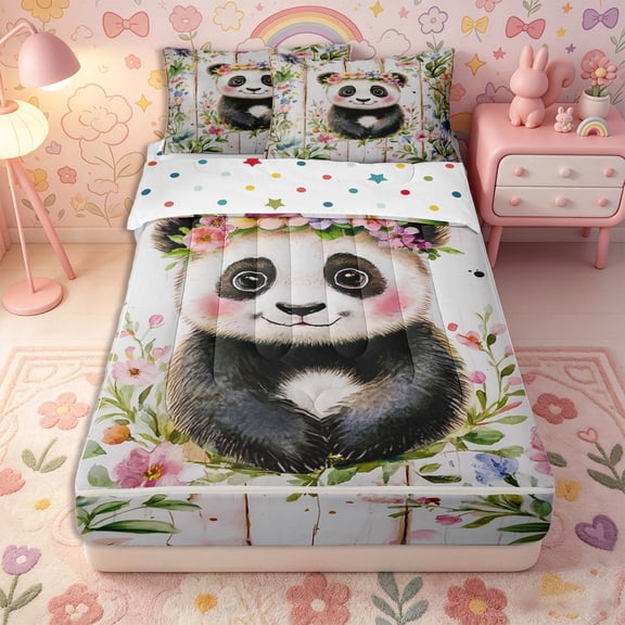 Erosebridal Kawaii Panda Zipper Twin Comforter Sets with Fitted Sheet and 2 Pillowcases,Watercolor Blossom Print Zipper Bedding Set,Black Pink Blue,Reversible