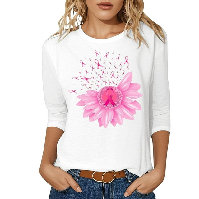 HUITKMM Chemise en Lin pour Femmes, T-Shirt de Sensibilisation au Cancer, Col Rond Décontracté, Manches Trois-Quarts, Imprimé, pour Usage Quotidien, Printemps Été Automne