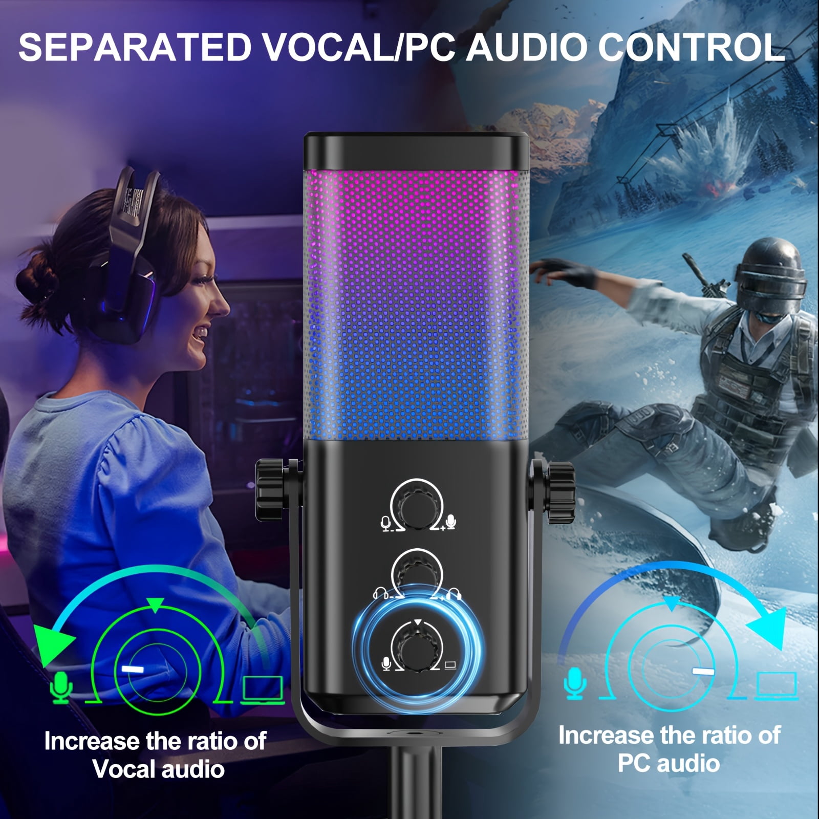 Gaming Microphone: Microphone Condenser Mic for -PC Mic, RGB Lighting, Gain Knob, AI Noise Cancelling for Gamer-Podcast Mic Kit for Streaming Recording Studio YouTube Content Creation Online Chat