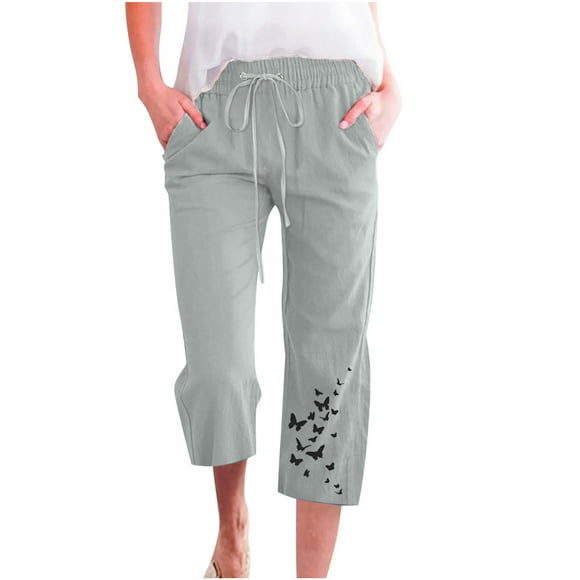 fartey Prime Day Deals Today 2024Women Cotton Linen Capri Pants Butterfly Print Lounge Breathable Beach Trousers Drawstring Elastic Waist Pockets Loose Trousers