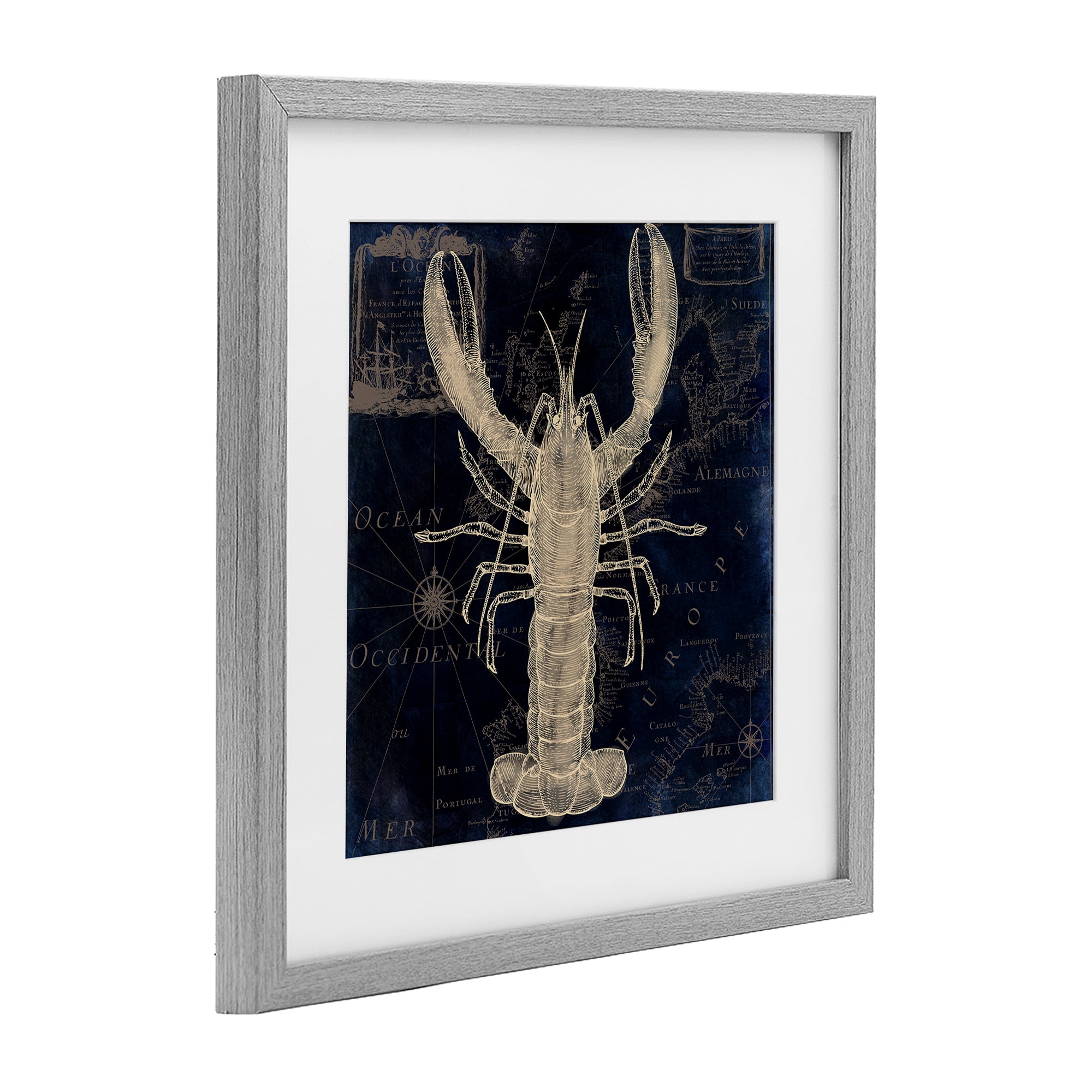 Lobster Contour over Map Gray Framed Print Under Glass, design by Sasha
