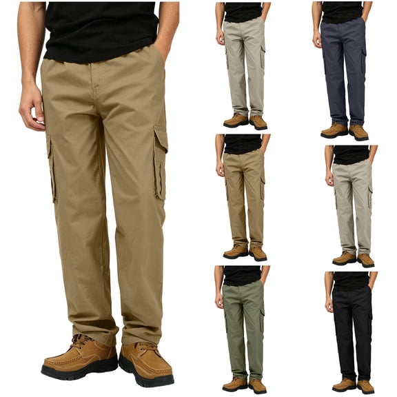 Men's Big & Tall Full Elastic Waist Casual Cotton Twill Cargo Pants Relaxed Fit Lightweight Ripstop Work Pant Multi Pocket Size M-5XL Gold