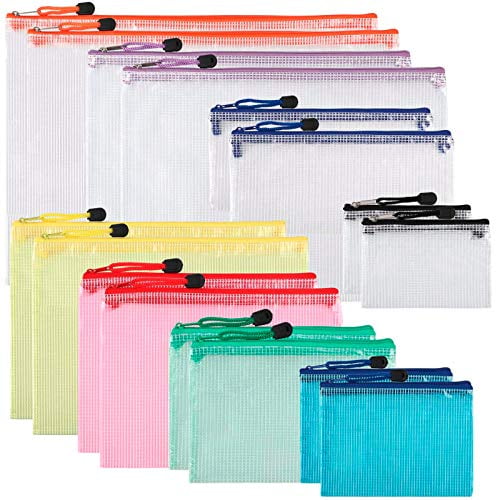 JPSOR 16pcs Mesh Zipper File Bags 8 Sizes and 8 Colors Document Pouch for Office and Travel Organization 16 