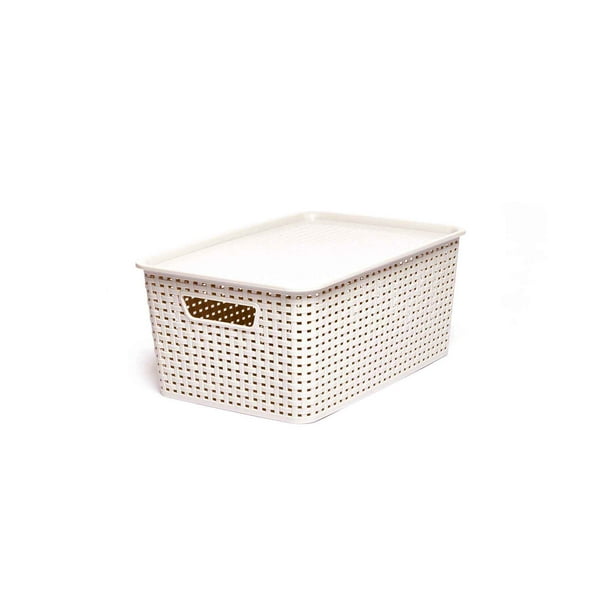 Homz Plastic Wicker Storage Boxes with Lid, Medium