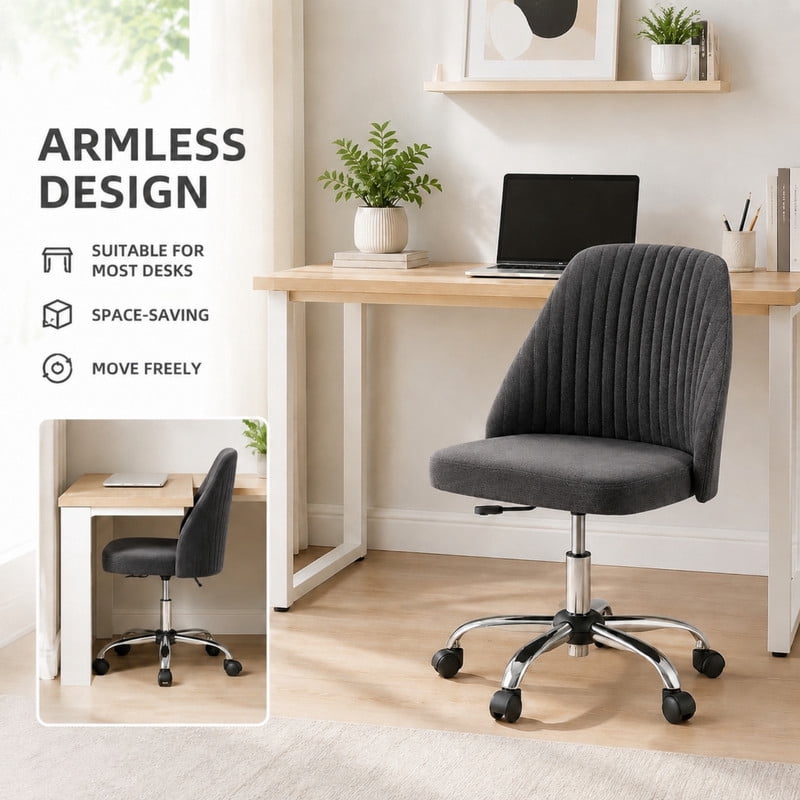 BEAUTYPEAK Armless Vanity Chair Adjustable Swivel Fabric Desk Chair with Padded Seat Wheels Mid-Back Office Chair, Dark Gray