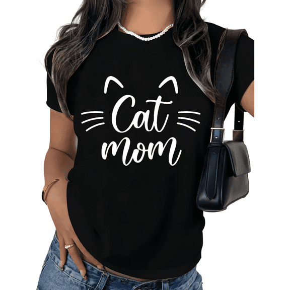 Black Print Tshirt Graphic Tees Shirts Cat Mom Cute Cat Lover Design Size S-5XL Tops