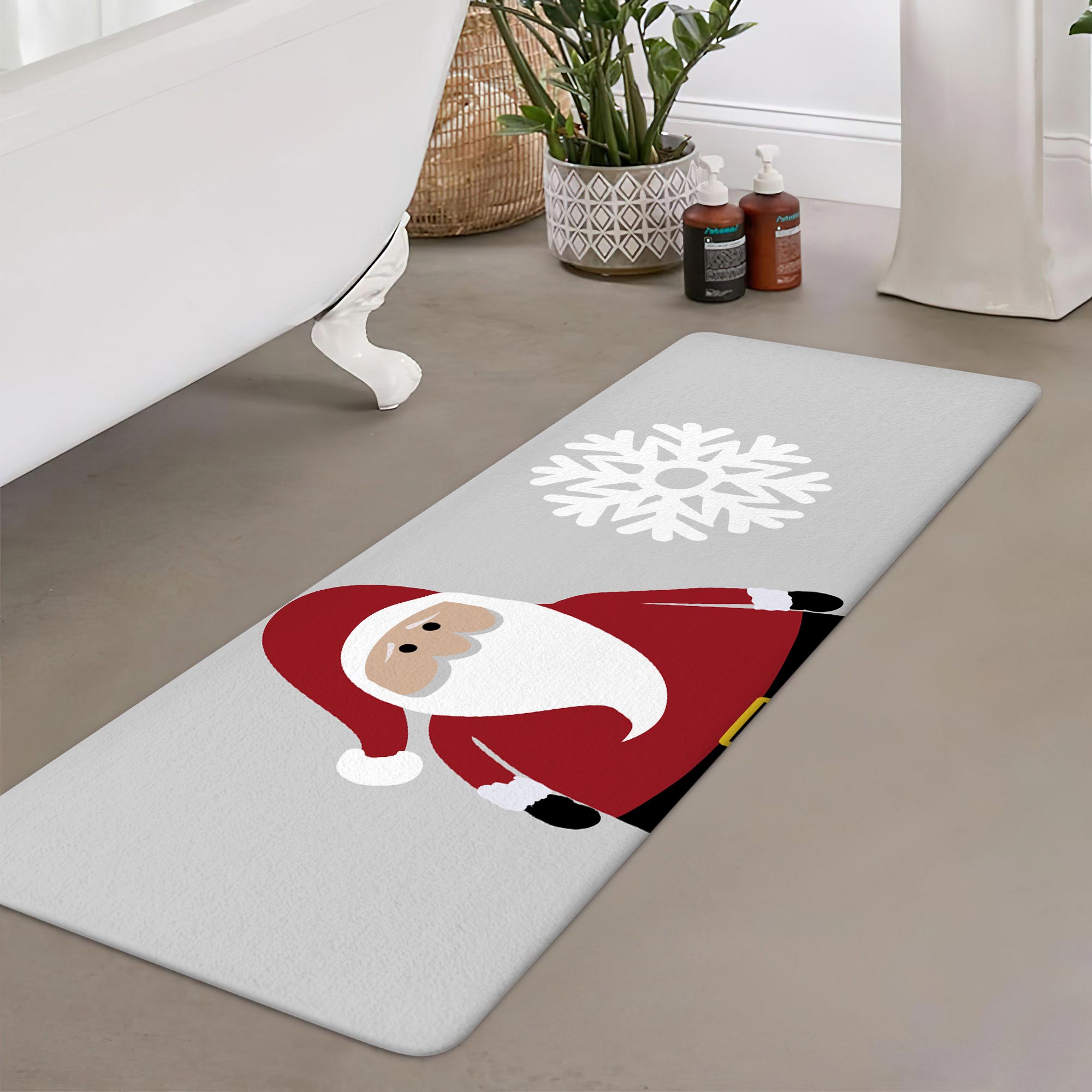 Christmas Bathroom Rugs Mat, Xmas Santa Claus Bath Mat with Non-Slip Backing, Winter New Year Holiday Floor Mat Decor for Indoor Outdoor Living Room Bathtub 17X48IN Light Gray
