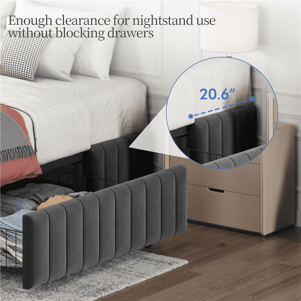 Fullfurnique Upholstered Platform Bed Frame with Three Storage Drawers, Full, Dark Gray