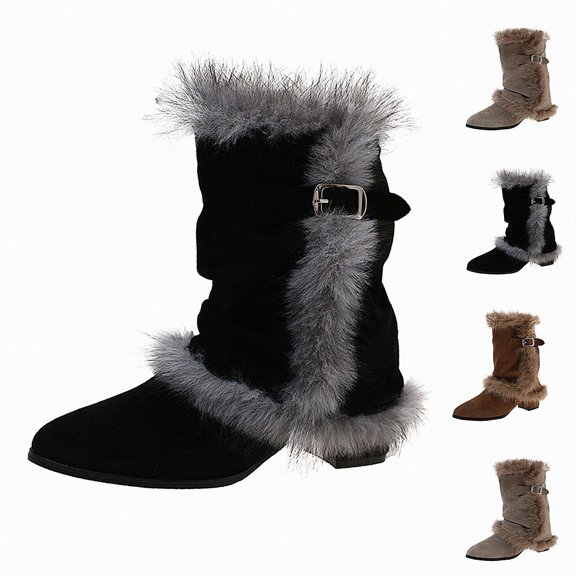 WAVSUF Women's Plus Size Mid Calf Boots Pointed Toe Wide Width Mid Heel Fleece Warm Winter Suede Casual Boots Black 6