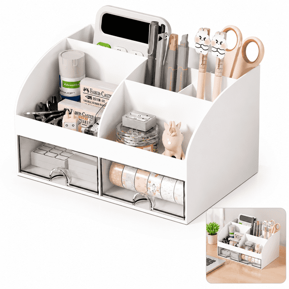 White Plastic Desktop Storage Organizer, 6 Compartments & 2 Drawers Multi-Purpose Pen Holder for Home & Office