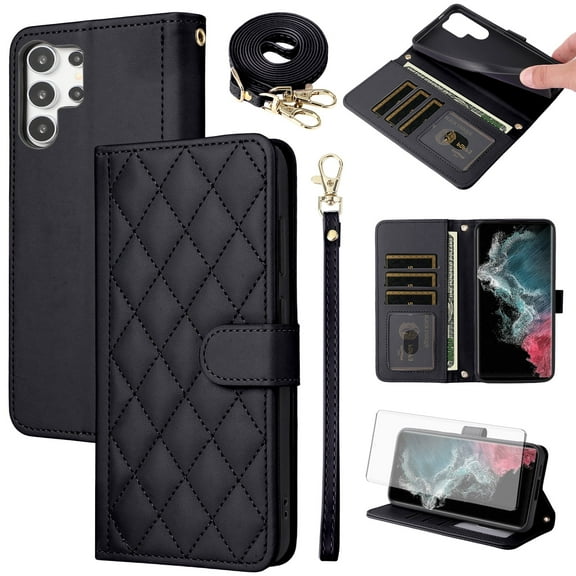 Furiet Argyle Wallet Case for Samsung Galaxy S21 Ultra 5G with Tempered Glass Screen Protector Wrist Strap Shoulder Strap, Card Slots Stand Phone Cover for S21ultra 21S S 21 21ultra G5 Women Black