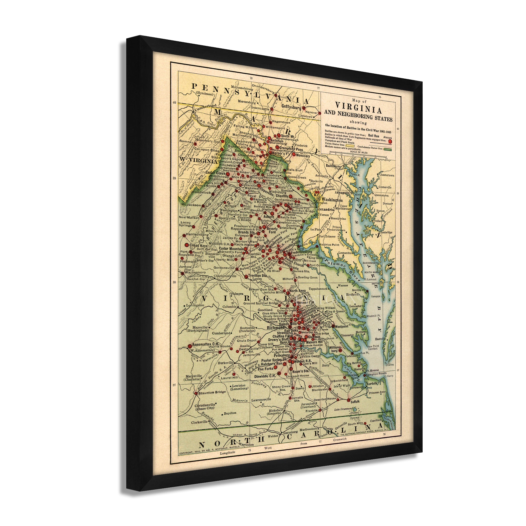 1912 Virginia Map Framed Vintage Virginia State Map Map of Virginia