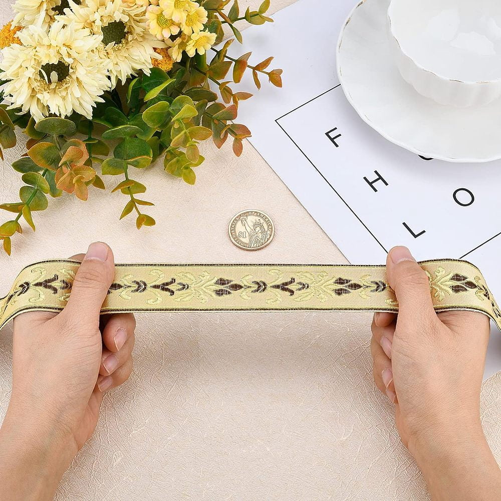 27 Yard 1.18 Inch Vintage Jacquard Ribbon Khaki Jacquard Trim Emobridered Woven Trim Gold & Brown Floral Webbing Ribbon
