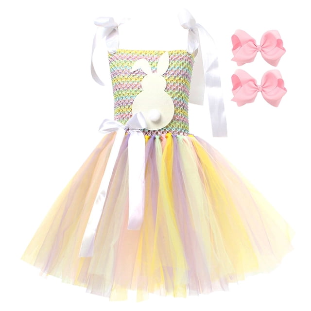 2DXuixsh 2Pcs Girls Dresses Set Easter A Line Swing Flared Kneelength Dress Easter Bunny Dress Plush Rabbit Ears Girls Princess Dress Party Stage Performance Clothes Multicolour Size L